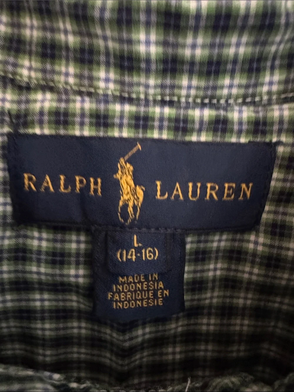 Boys Ralph Lauren Plaid Button-Down Shirt - Green & Navy with navy horse 14/16